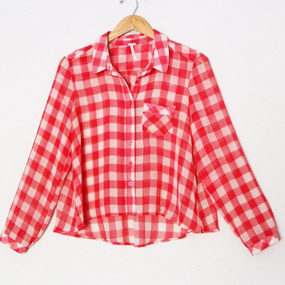 Free People Red Gingham Plaid Semi Sheer Flowy Button Front Shirt Size S Airy - Picture 6 of 15